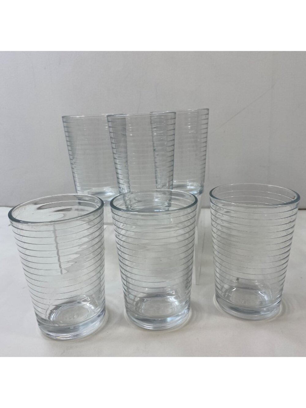 Set 6 Clear Glass Drinking Glasses Ribbed Horizontal Etched Ridges